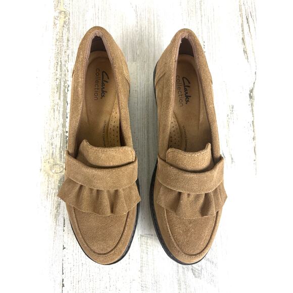 Clarks Women’s 8.5 Brown Leather Airabell Slip-On Platform Ruffle Loafers NEW - Picture 4 of 7